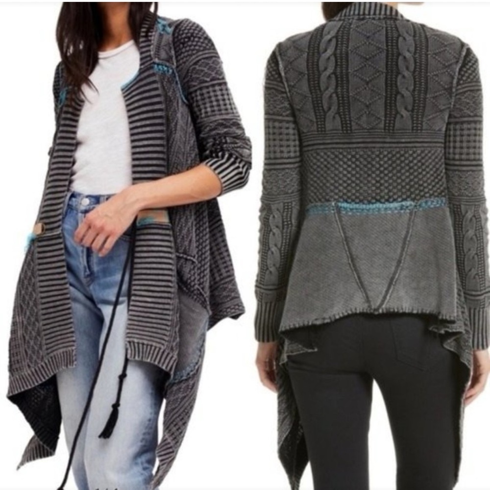 Free People Washed Black Asymmetrical Cascading Waterfall Cardigan